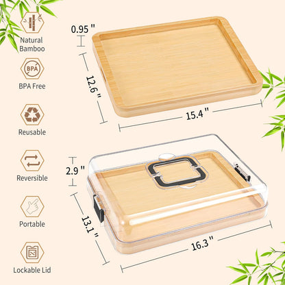 CAWIU Portable Travel Charcuterie Board with Lid and Handle - Large Bamboo Cheese Board with 4 Cheese Knife Set for Outdoor, Picnics - Weddings, House Warming Gift for Women (1 Compartment, White)