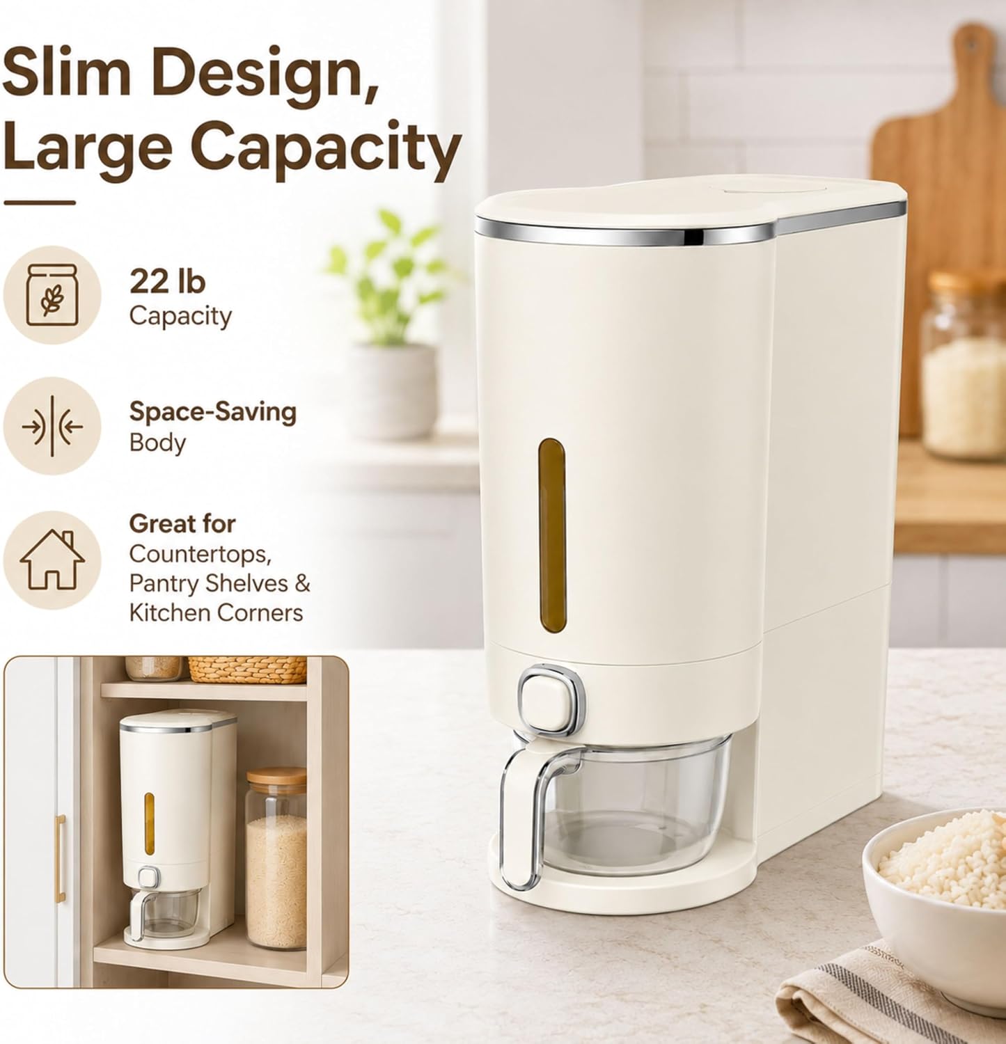 ROOM127 Slim Rice Dispenser 11 Lbs, Airtight Rice Storage Container with Measuring Cup, One-Touch Dry Food & Cereal Dispenser with Clear Window for Kitchen Countertop, Milk Tea Brown