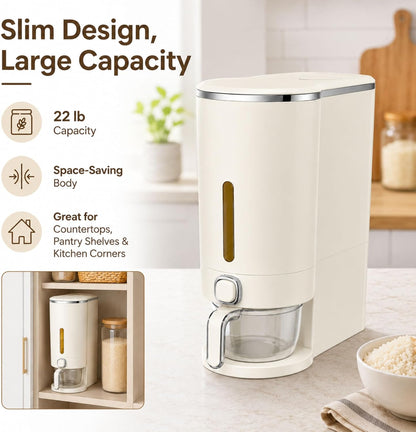 ROOM127 Slim Rice Dispenser 11 Lbs, Airtight Rice Storage Container with Measuring Cup, One-Touch Dry Food & Cereal Dispenser with Clear Window for Kitchen Countertop, Milk Tea Brown