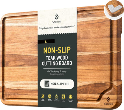 4 Pack Teak Wood Cutting Board Set for Kitchen Heavy Duty Non Toxic Non Slip Solid Thick Wood Haus Chopping Board Extra Large Big Small Meat Best Essential House Warming Hostess Host Gift