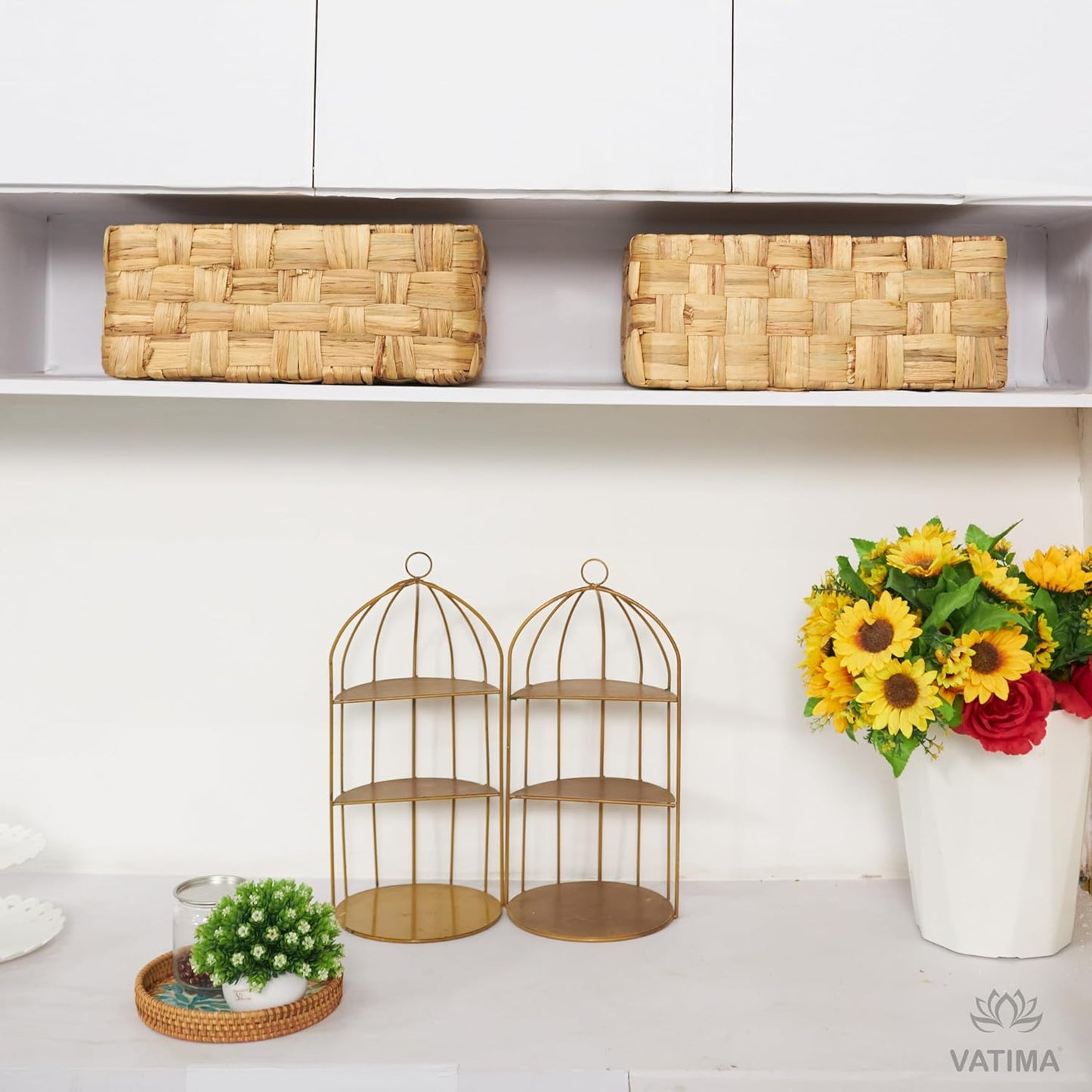 VATIMA Water Hyacinth Storage Baskets with Large Open-Front for Kitchen, Decorative for Living Room, 13.4” x 9.5” x 5.5”, 2 Pack