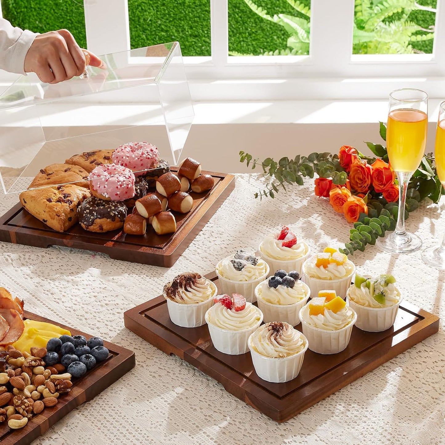 HouseJoy Acacia Wood Cake Stand with Lid-Extra Large 17" Rectangular Cake Holder,2-in-1 Dessert Table Display Set & Charcuterie Board,Acrylic Cake Dome Cover for Cheese/Veggie/Desert /Chips & Dip