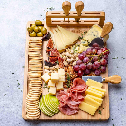 Bamboo Cheese Board and Knife Set – 14 inch Round Charcuterie Board, Serving Tray, Platter, Wood Cheeseboard Set with Slide-Out Drawer – BlauKe®