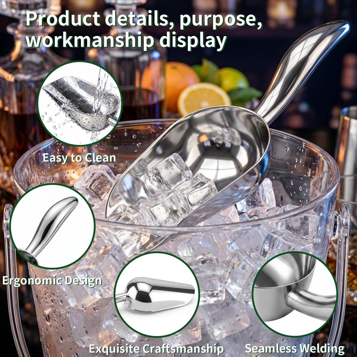 304 Stainless Steel Ice Scoop, Large 6-inch Metal Flour Scoop 50 Ounce