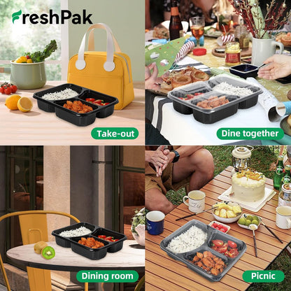 Meal Prep Container Reusable 40 Pack 34oz - Shrink Wrap Leakproof | Portion Control Leftover Plastic Food Containers with Lid | BPA Free Freezer & Microwave Safe | 4 Compartment Takeout Boxes