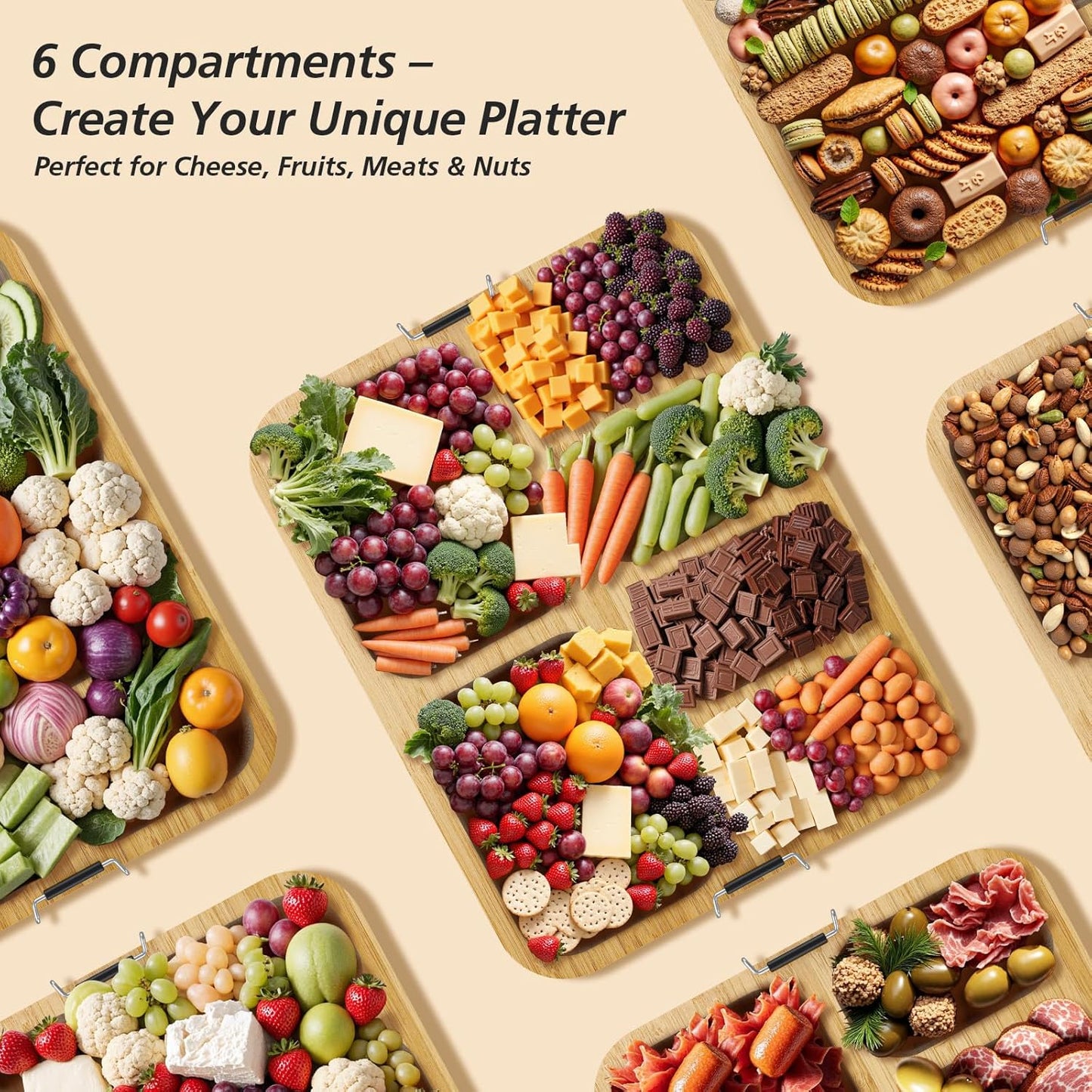 Charcuterie Boards with Foldable Lid, Portable Bamboo Cheese Board with Single Compartments, Clear Locking Lid and Handle, Easy to Store, Suitable for Picnics, Camping, Parties