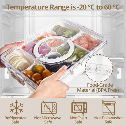 2 Pack Snackle Box Container with 8 Compartments, Clear Divided Serving Tray with Lid and Handle, Snack Bento Box for Charcuterie, Candy, Fruits, Nuts, Picnic, Travel, Beige