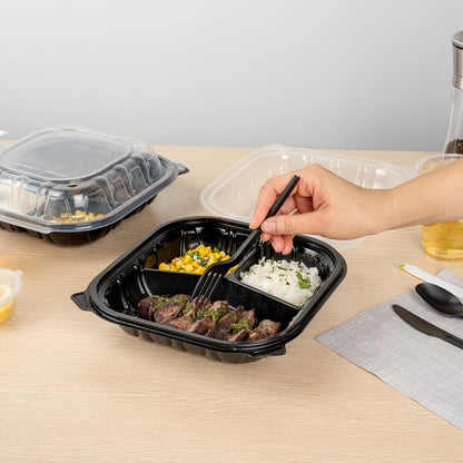 Thermo Tek 40 Ounce Clamshell Containers, 50 Disposable Take Out Boxes - 3 Compartments, Ventilated Lids, Black Plastic Meal Prep Containers, Microwavable, For Pasta Or Salads - Restaurantware