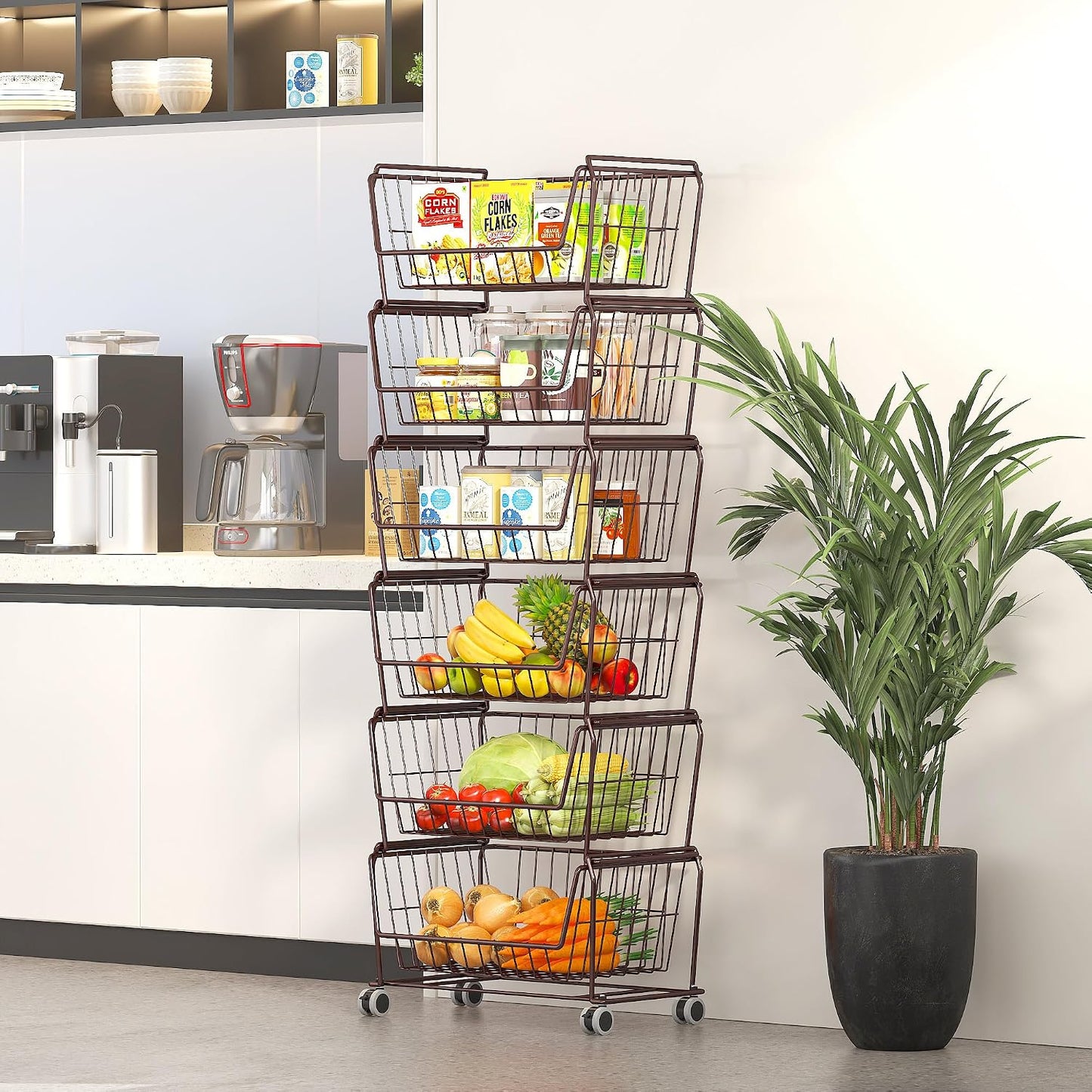 PUSDON 4-Tier Spacious Stackable Wire Storage Baskets with Wheels, Metal Rolling Utility Cart Organizer, Fruit and Vegetable Produce Basket for Kitchen Pantry, Everyday Bathroom Shelf, Silver Grey