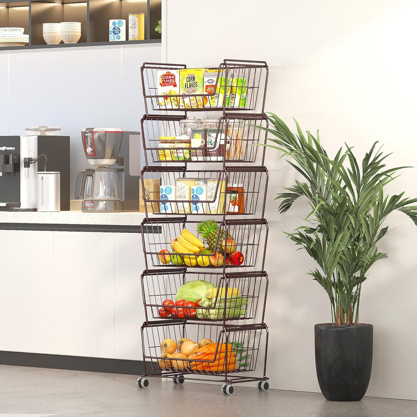 PUSDON 4-Tier Spacious Stackable Wire Storage Baskets with Wheels, Metal Rolling Utility Cart Organizer, Fruit and Vegetable Produce Basket for Kitchen Pantry, Everyday Bathroom Shelf, Silver Grey