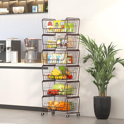 PUSDON 4-Tier Spacious Stackable Wire Storage Baskets with Wheels, Metal Rolling Utility Cart Organizer, Fruit and Vegetable Produce Basket for Kitchen Pantry, Everyday Bathroom Shelf, Silver Grey