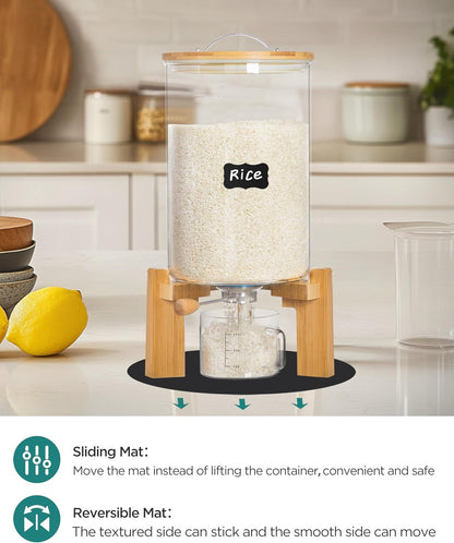 5-7 lbs Glass Rice Dispenser with Wooden Stand Flour and Cereal Container with Glass Measuring Cup & Labels & Slider mat Pantry Food Organization Storage Bin with Airtight Bamboo Lid, 3L