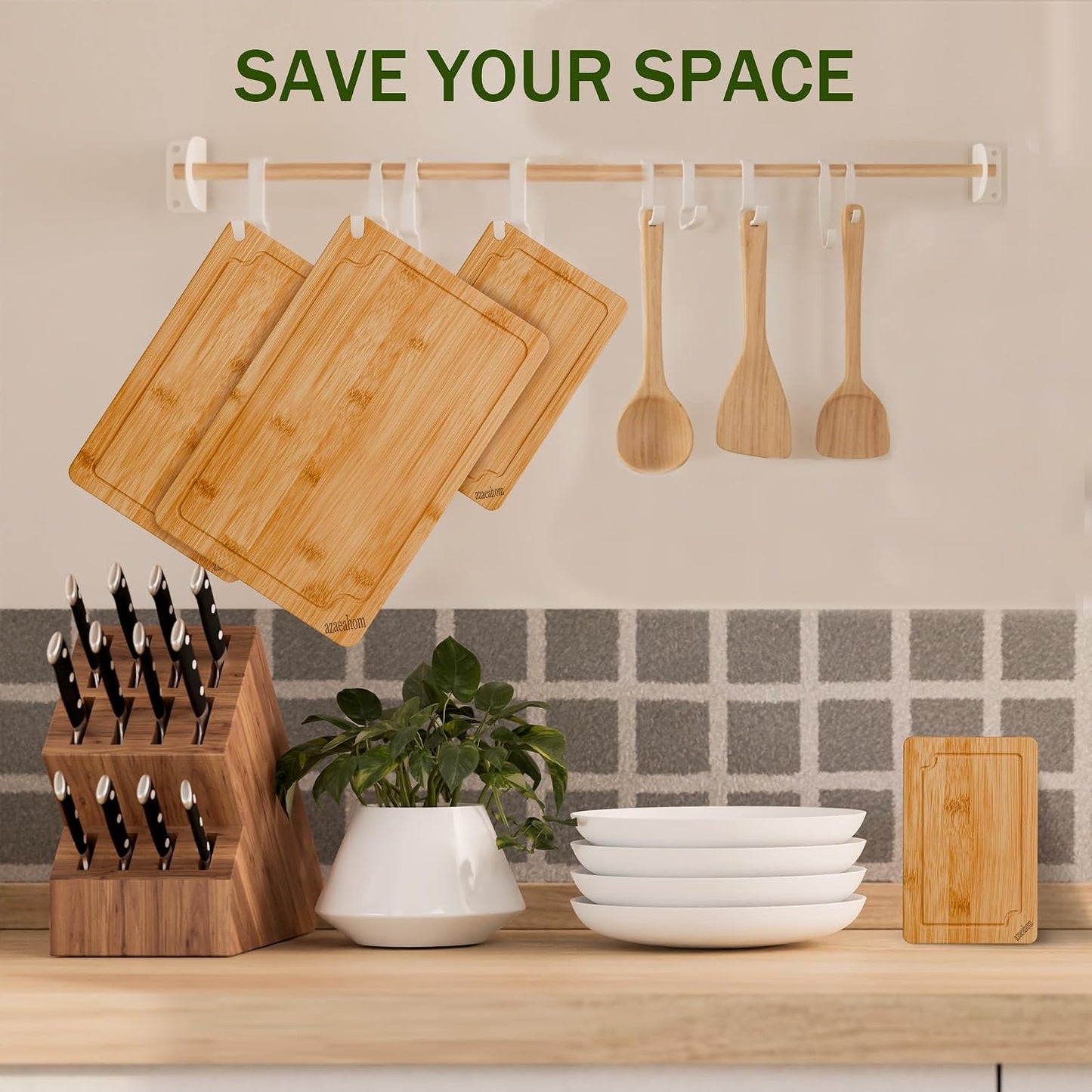 Bamboo Cutting Boards for Kitchen, Wood Cutting Board Set with Juice Grooves & Built-in Handles, Large Medium Small Chopping Board for Meat, Vegetables, Fruit