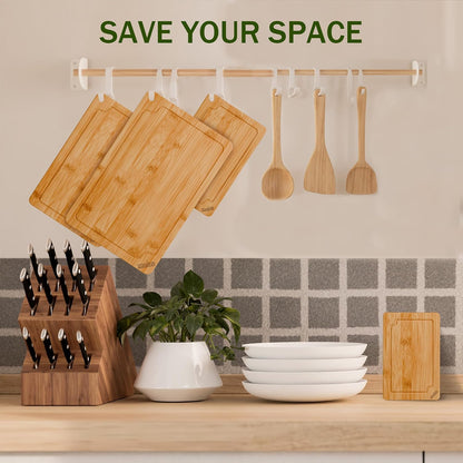 Bamboo Cutting Boards for Kitchen, Wood Cutting Board Set with Juice Grooves & Built-in Handles, Large Medium Small Chopping Board for Meat, Vegetables, Fruit