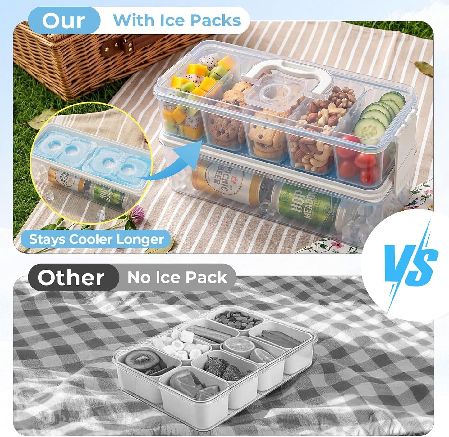 Homelove Snackle Box Container, Snack Organizer Divided Serving Tray with 2 Plastic Ice Packs, Lid with Handle, Double-layer Tray and 5-Compartment Snack Platter for Travel Party Beach Picnic
