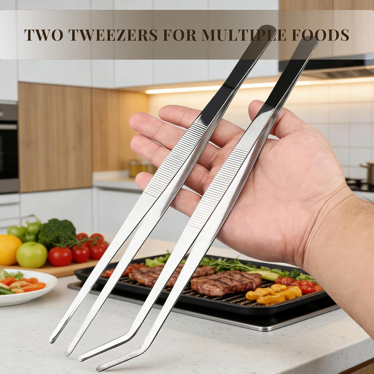 Stainless Steel Tweezers Tongs Set of 2, Kitchen Cooking Utensils, Straight and Bent Tip 11.8″ for Serving, Chef Tools