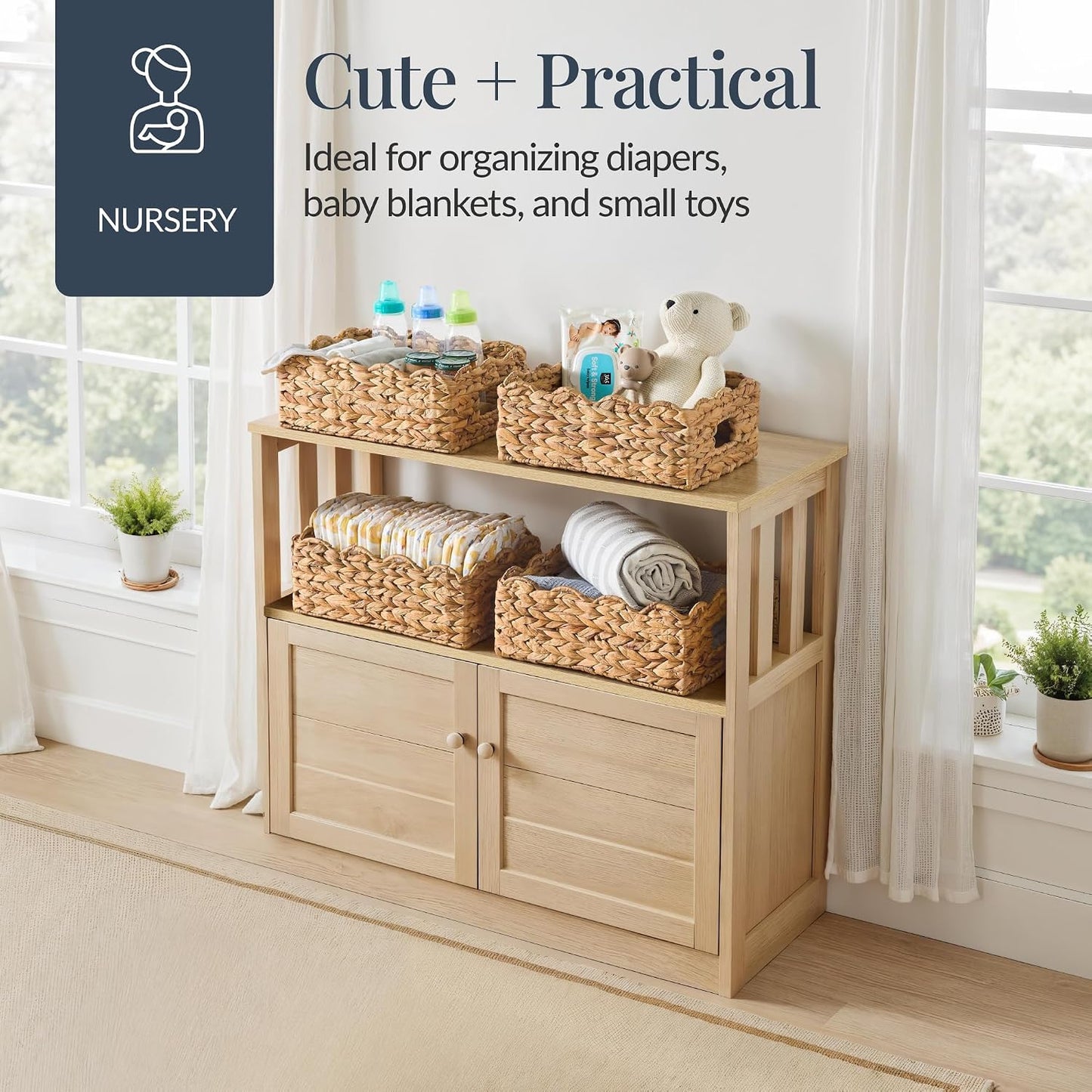 Best Choice Products 9x12 Scalloped Shelf Baskets, Woven Storage Bins, Storage Organizers for Pantry, Living Room, Bedroom, Nursery & Laundry, 4 Pack - Natural with White Trim