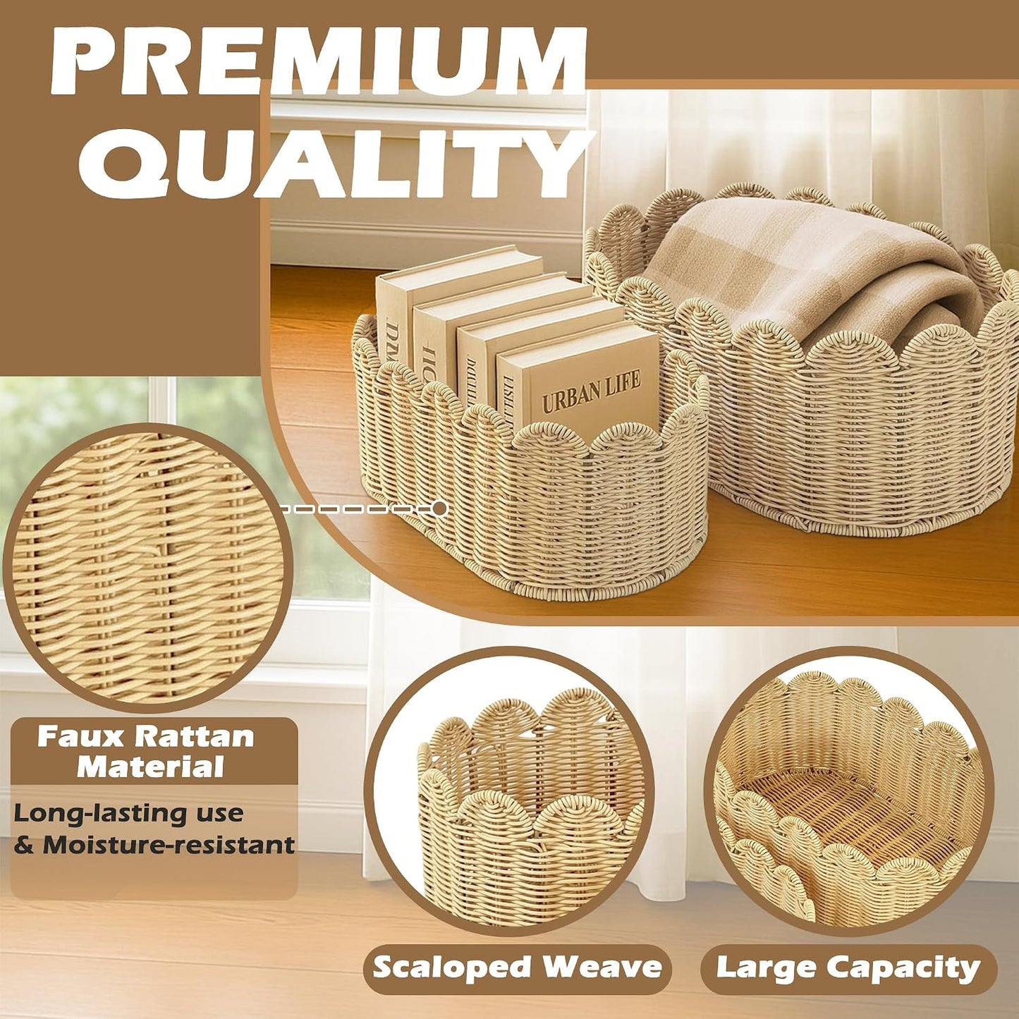 Rattan Picnic Basket with Handle, Wicker Picnic Basket with Scalloped Edge, Garden Harvest Basket, Woven Baskets for Vegetable & Fruit, 2 Pack