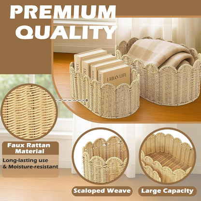 Rattan Picnic Basket with Handle, Wicker Picnic Basket with Scalloped Edge, Garden Harvest Basket, Woven Baskets for Vegetable & Fruit, 2 Pack