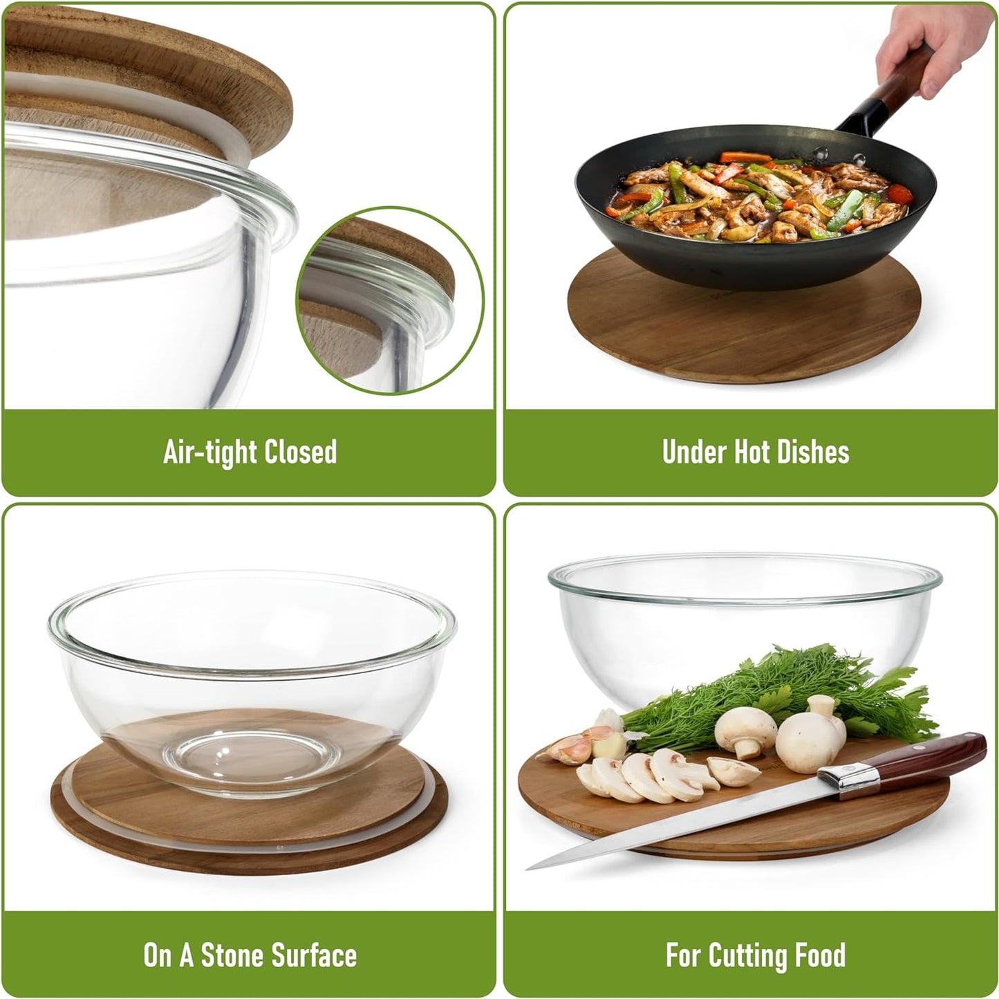 Set of 4 Stackable Space-Saving Nesting Glass Bowls with Airtight Acacia Lids for Lunch, Meal & Food Prep - Microwave & Oven-ready BPA Free Durable Heat Resistant Inert Borosilicate Glass