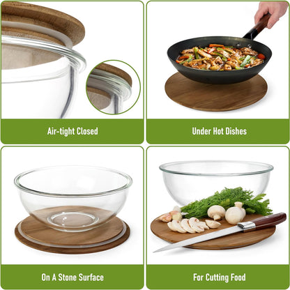 Set of 4 Stackable Space-Saving Nesting Glass Bowls with Airtight Acacia Lids for Lunch, Meal & Food Prep - Microwave & Oven-ready BPA Free Durable Heat Resistant Inert Borosilicate Glass