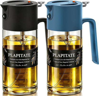 PLAPITATE 17oz/500ml Premium Olive Oil Sprayer for Cooking, 2 in 1 Glass Olive Oil Dispenser Bottle for Kitchen Gadgets, Spray Bottle with Portion Control for Salad, Frying, BBQ (Black)