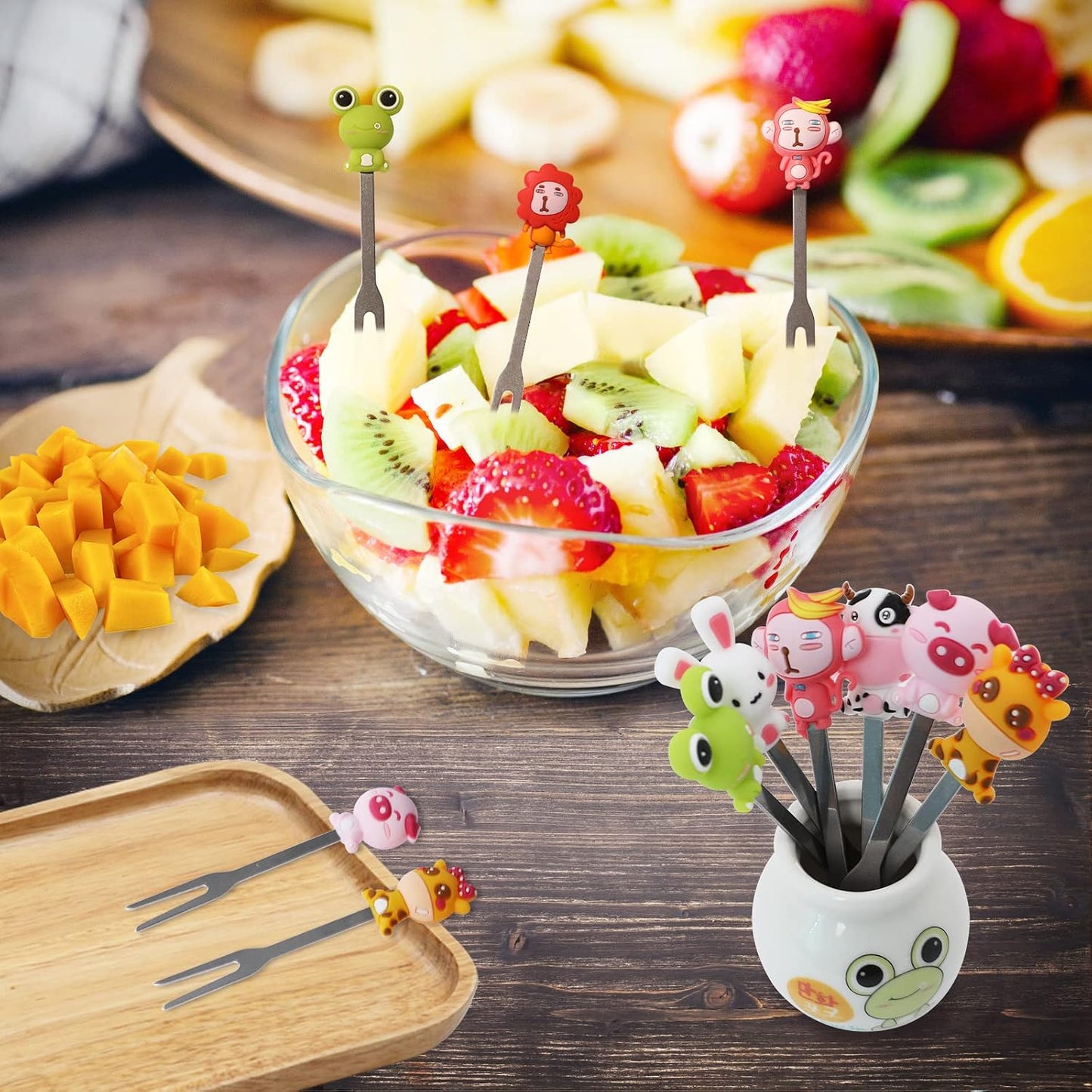 18 Pcs Food Picks for Kids with 3 Ceramic Jars, Set of 3 Cute Cartoon Fruit Forks Kids Stainless Steel, Animal Food Picks Fruit Picks for Kids Bento Picks for Appetizers