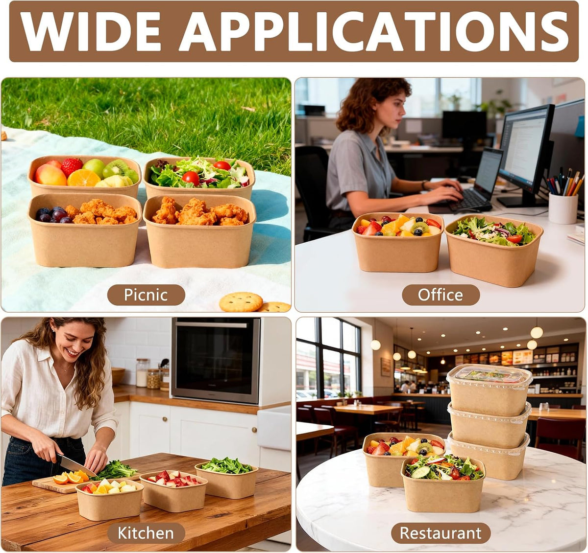 50 Sets 25oz Disposable Kraft Paper Bowls with Lids, Rectangle
