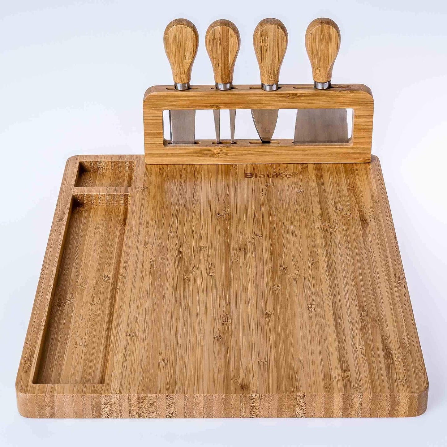 Bamboo Cheese Board and Knife Set – 14 inch Round Charcuterie Board, Serving Tray, Platter, Wood Cheeseboard Set with Slide-Out Drawer – BlauKe®