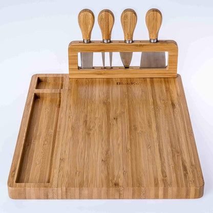 Bamboo Cheese Board and Knife Set – 14 inch Round Charcuterie Board, Serving Tray, Platter, Wood Cheeseboard Set with Slide-Out Drawer – BlauKe®