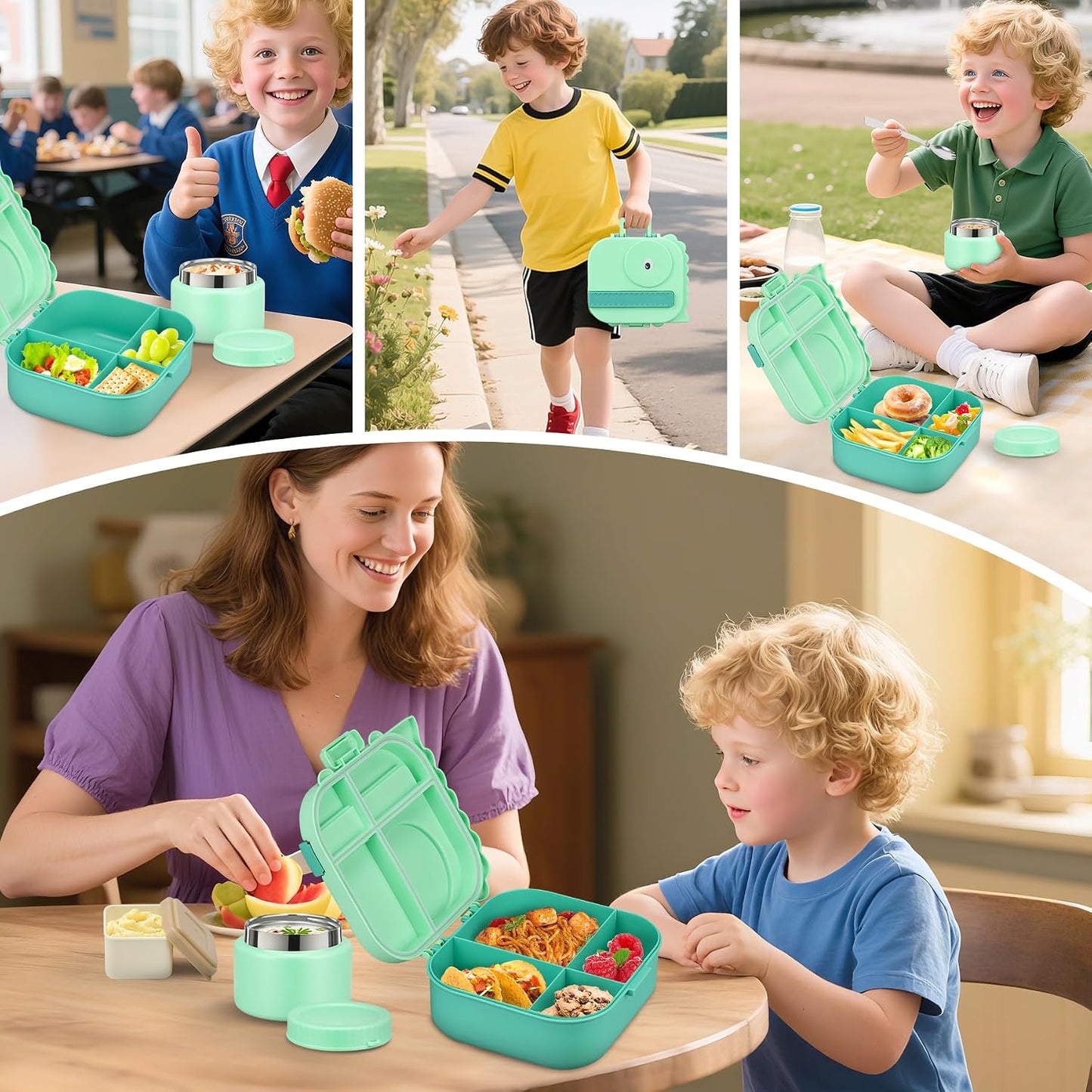 Lunch Box Kids with 5 Compartments, Insulated Food Jar & Utensils, Leak Proof Bento Box with Sauce Container, BPA-Free & Dishwasher Safe, Dinosaur Design(Purple)