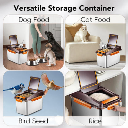 Newget Dog Food Storage Container Stainless Steel with Scoop, 16-lb/11-lb Airtight Metal Pet Food Storage Bin, Cat Food Container for Dry Dog, Cat Food, Bird Seed, Keep Food Fresh, Brown