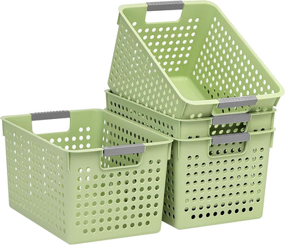 Soddeph 4 Pack Plastic Deep Storage Basket with Handles, Cubbies Organizer Bins with Hollow Design for Under Counter, Closet, Kitchen or Bathroom 12.3" × 8.7" × 6.9"(White, Medium)