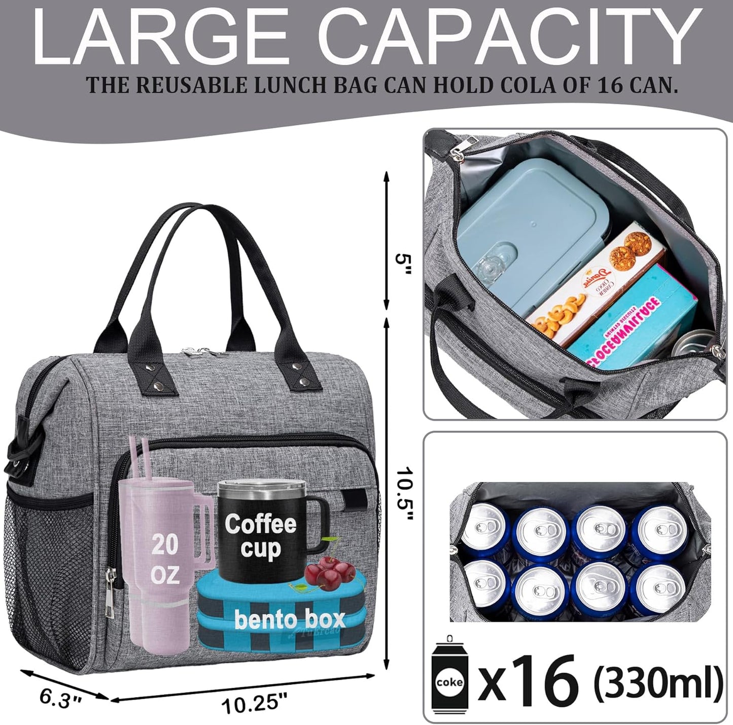 TuErCao Small Lunch Bag Lightweight Insulated Lunch Box for Women Work Portable Soft Cooler for Picnic Travel Road Trips, Loncheras para Mujer, Black
