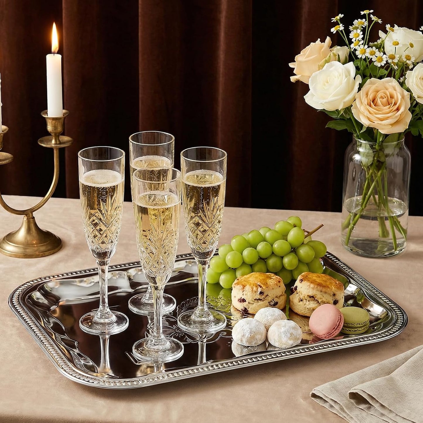 4 Pcs Large Silver Serving Trays, 15.7" x 11.8" Stainless Steel Rectangle Serving Tray, Decorative Silver Plates, Floral Engraved Tray, Metal Sizzler Plates for Coffee Table, Bar, Party, Club, Home