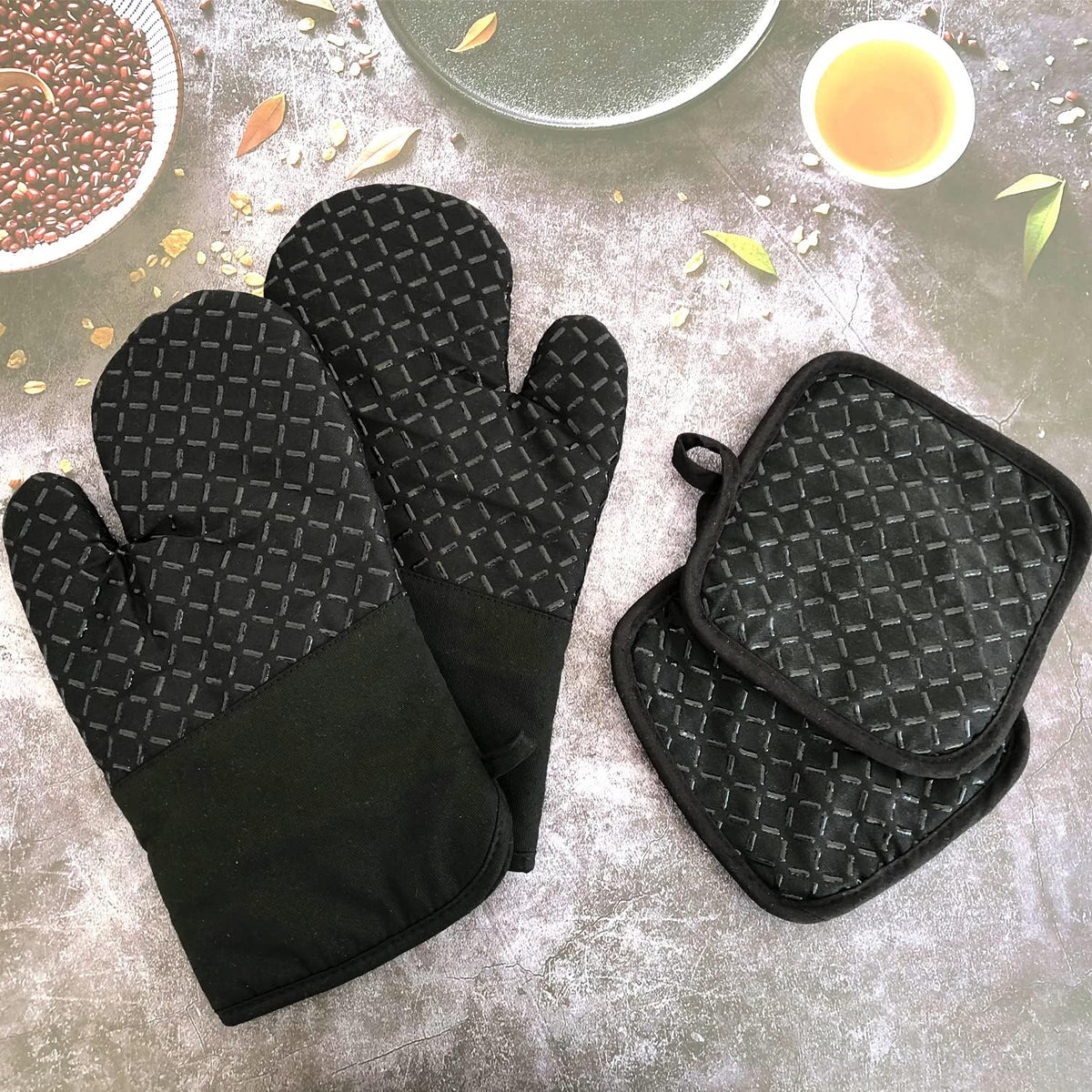 4 Pcs Oven Mitts and Pot Holders,500°F High Heat Resistant Kitchen Oven Mitts with Pot Holders,Long Oven Mitts with Recycled Cotton Infill and Silicone Non-Slip Surface for Baking and Cooking(Grey)