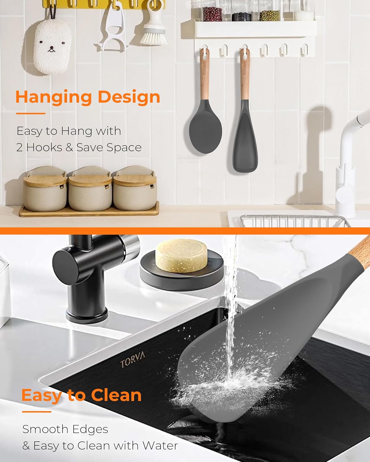 Cooking Spoon Multifunction Spoonula Silicone Spatula Spoon 2-Pack, Dual-Use Heat Resistant 446°F, BPA-Free Non-Toxic Wooden Handle Rice Spoon Set for Non-Stick Cookware & Rice Cookers (Black)