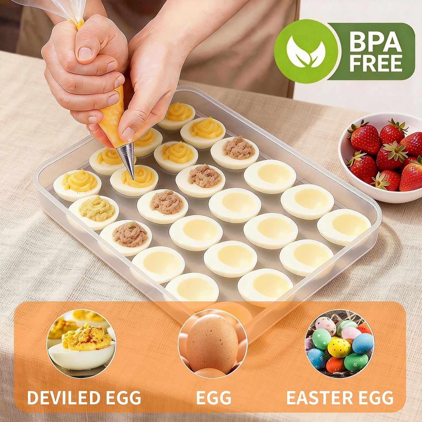 77L Deviled Egg Containers with Lid, (Set of 2), Plastic Egg Holder for Refrigerator for 48 Eggs, Clear Storage Deviled Egg Carrier Tray, Fridge Stackable Countertop Portable Egg Dispenser