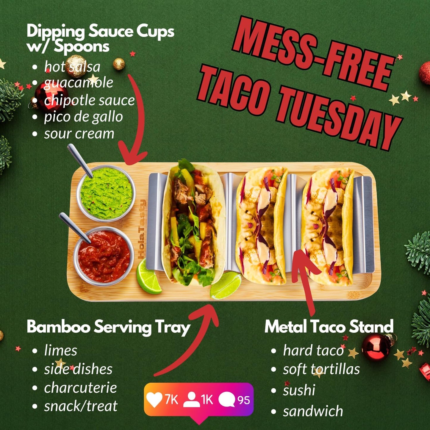 Taco Holder Kit, 3-in-1 Taco Set - Taco Shell Stand + Serving Tray + Sauce Cup, Taco Presentation Rack Plate for Taco Tuesday Bar Party, Gifts for Taco Lovers Holiday Accessories Cinco de Mayo Events