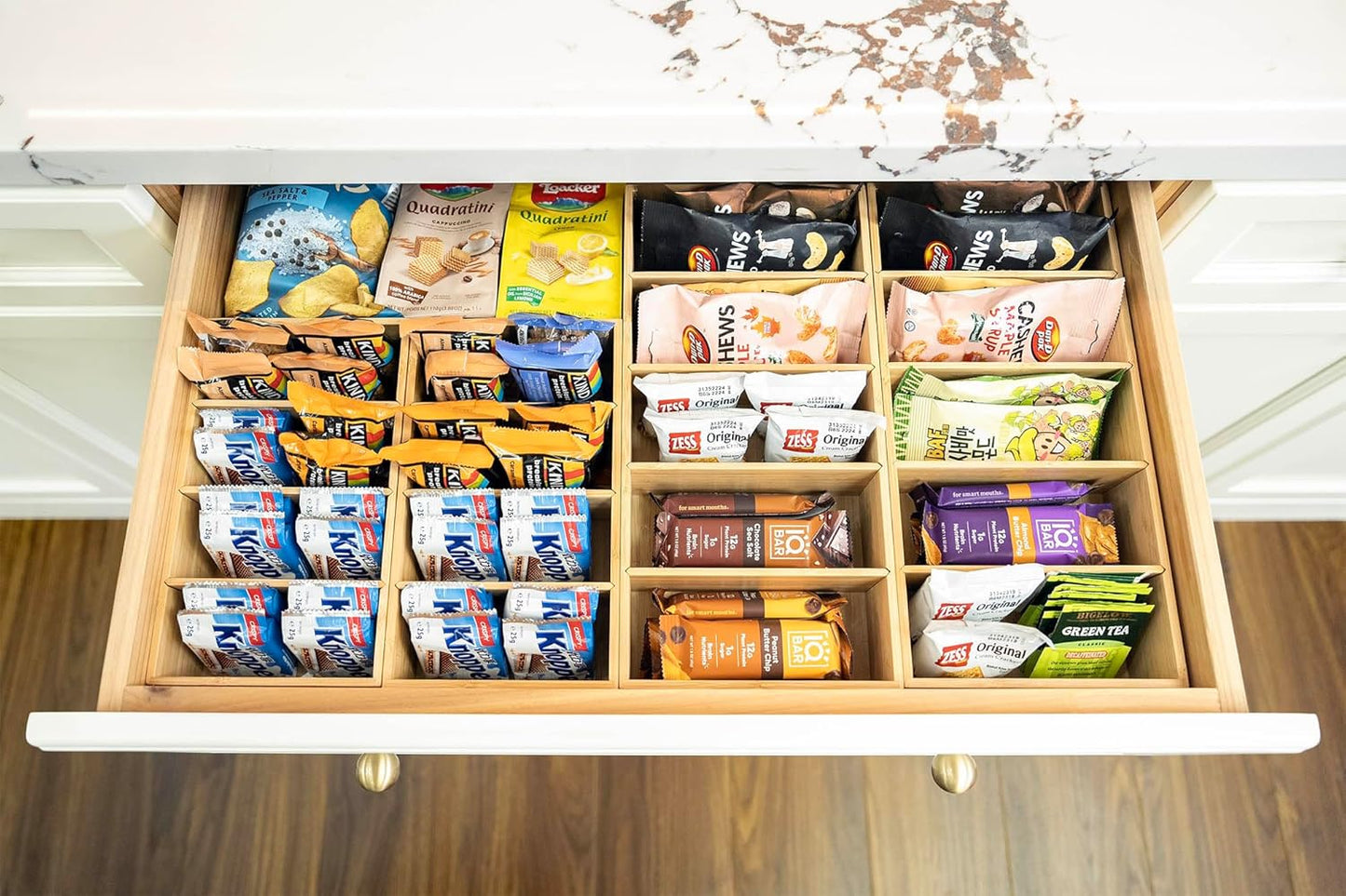 Umilife Bamboo Pantry Organizers and Storage Bins with Removable Dividers, Kitchen Drawer Cabinet Countertop Organization for Snack, Spice Packets, Teabags, Seasoning Pouches (2 Pack)