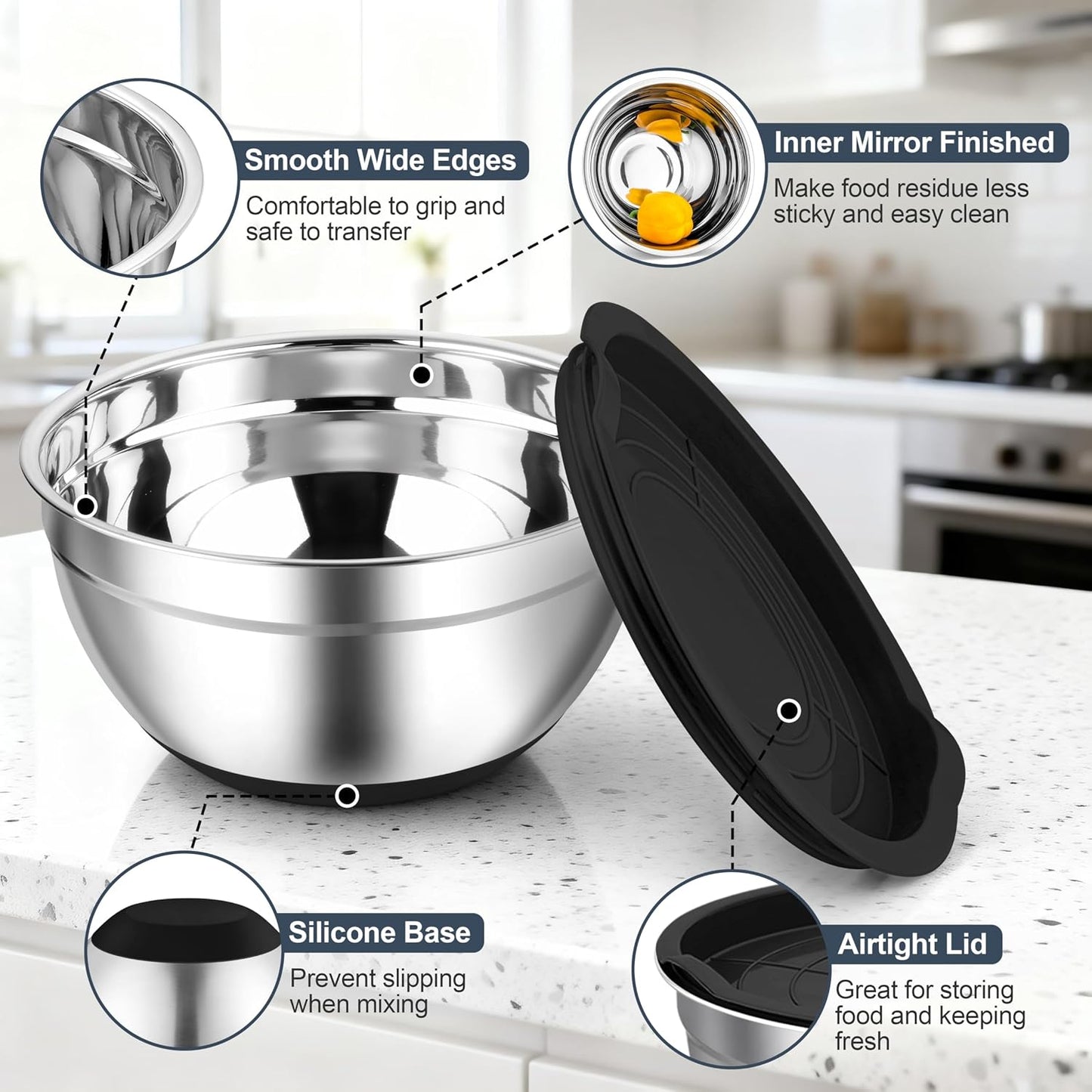 TeamFar Mixing Bowls, Stainless Steel Mixing Bowls with Lids, Nesting Salad Bowls with Air-tight Lids & Non-slip Bottom, Dishwasher Safe & Stackable, Set of 6-4.6/2.6/2 / 1.5/1 / 0.7 Qt