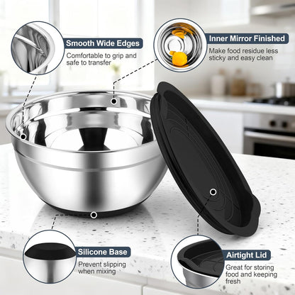 TeamFar Mixing Bowls, Stainless Steel Mixing Bowls with Lids, Nesting Salad Bowls with Air-tight Lids & Non-slip Bottom, Dishwasher Safe & Stackable, Set of 6-4.6/2.6/2 / 1.5/1 / 0.7 Qt