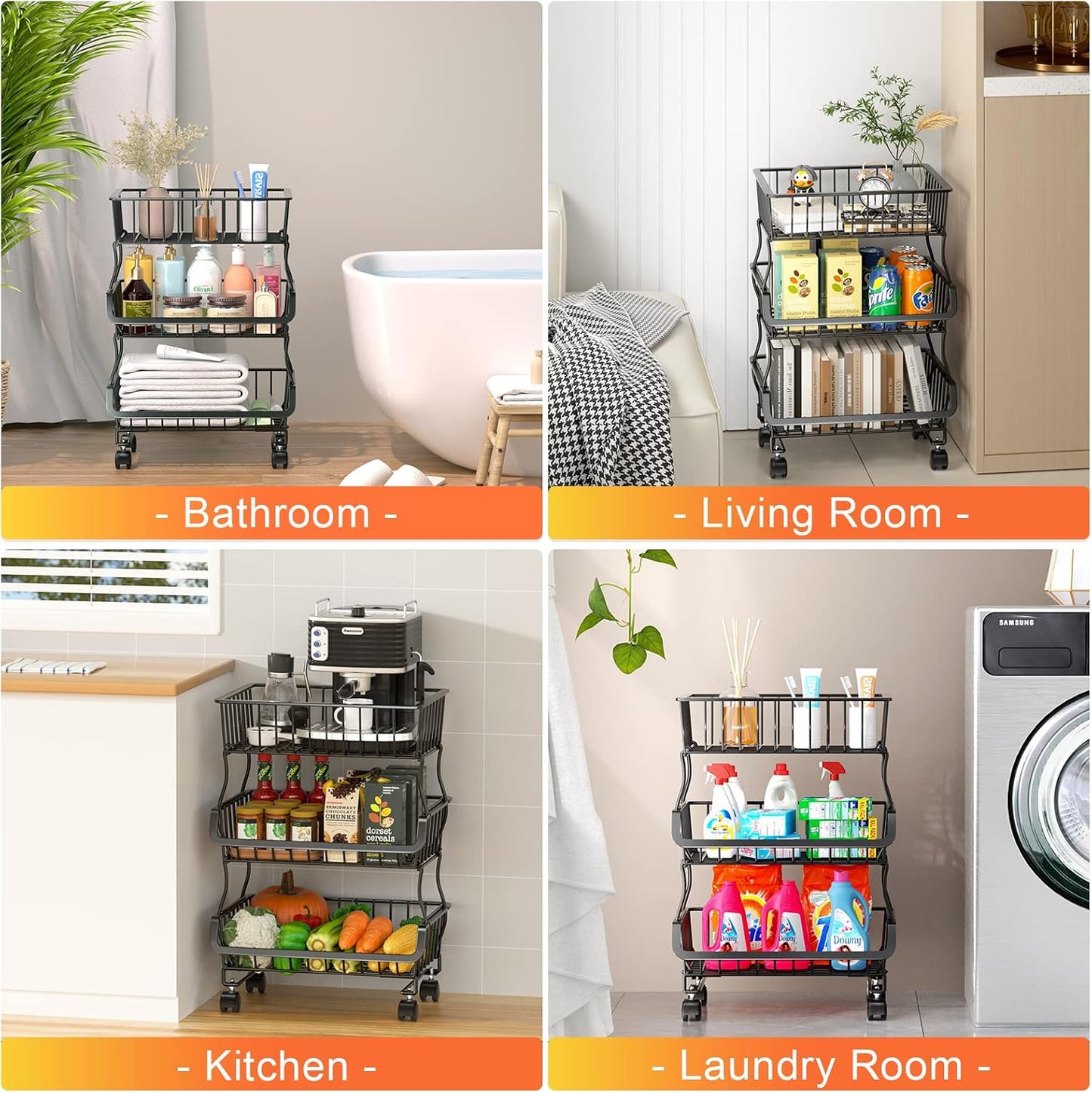Gsiekare Fruit Vegetable Basket for Kitchen, 5 Tier Stackable Fruit Vegetable Storage Baskets with Wheels, Metal Wire Storage Basket Organizer Baskets for Kitchen, Pantry, Bathroom