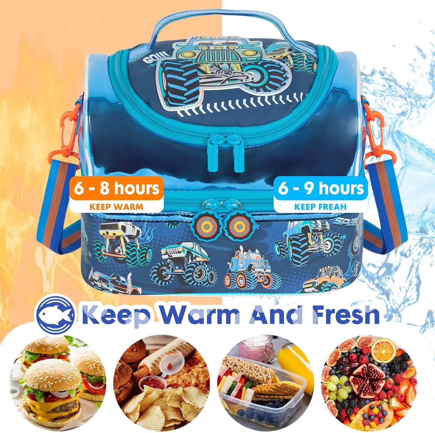 Kids Double Decker Cooler Insulated Lunch Bag, Back to School Large Meal Tote for Boys, Girls, Men, Women, with Adjustable Strap, Soccer
