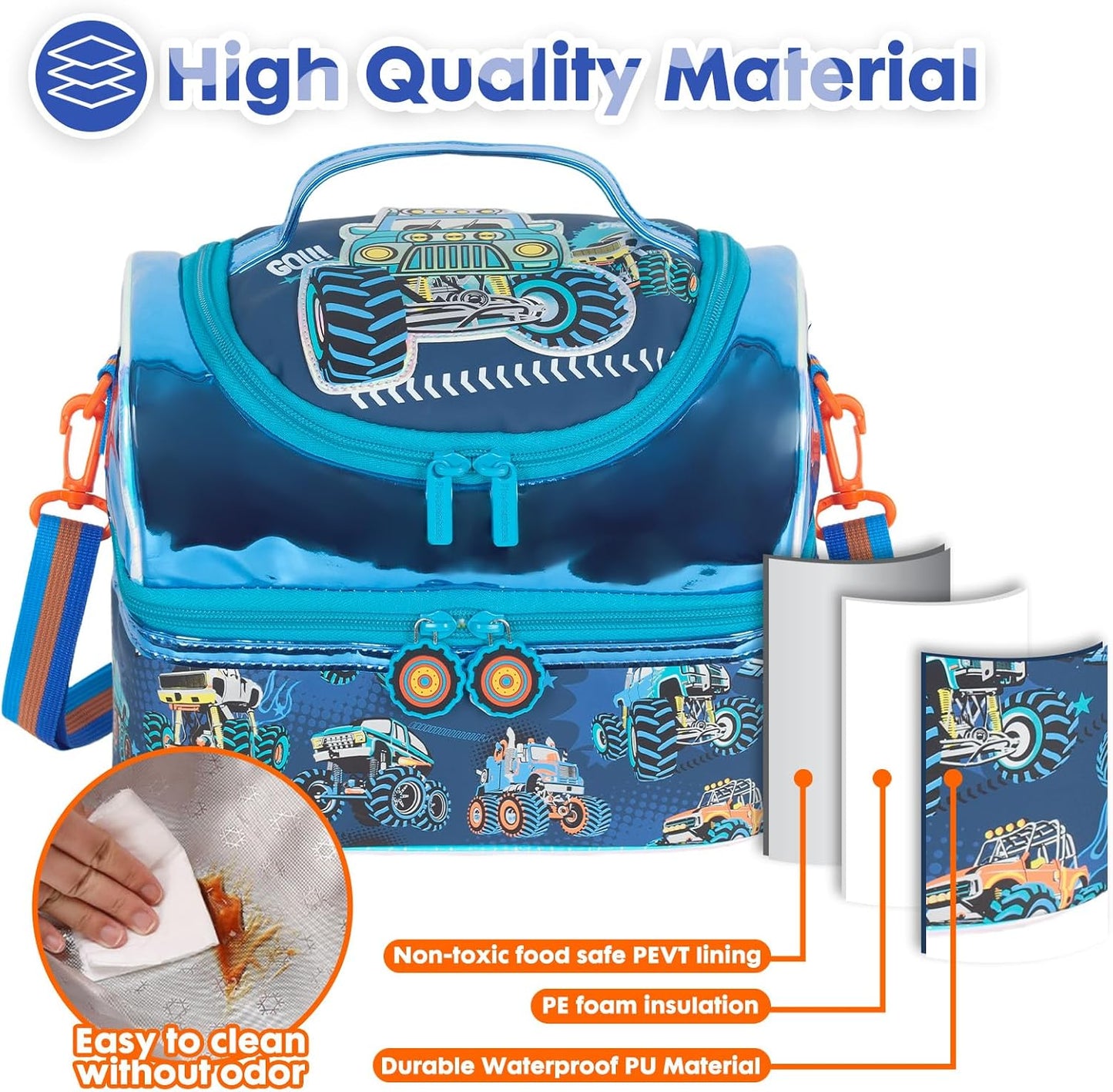 Kids Double Decker Cooler Insulated Lunch Bag, Back to School Large Meal Tote for Boys, Girls, Men, Women, with Adjustable Strap, Soccer