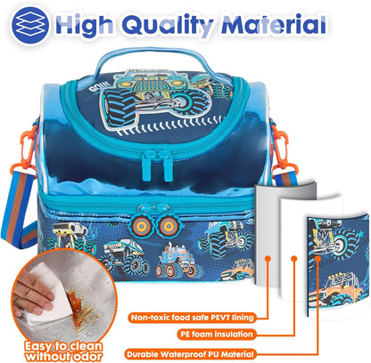 Kids Double Decker Cooler Insulated Lunch Bag, Back to School Large Meal Tote for Boys, Girls, Men, Women, with Adjustable Strap, Soccer