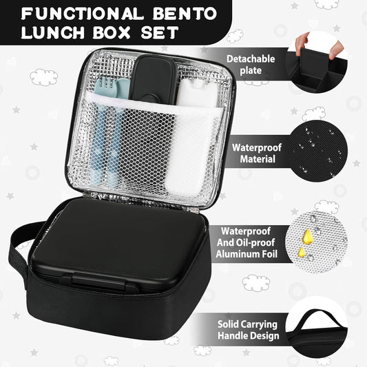 MAISON HUIS Bento Lunch Box with 8oz Soup Thermo and Insulated Lunch Bag, Kids Leakproof Lunch Food Containers with 5 Compartment, Boys Girls Thermo Hot Food Jar for Travel, School, BPA Free (Black)