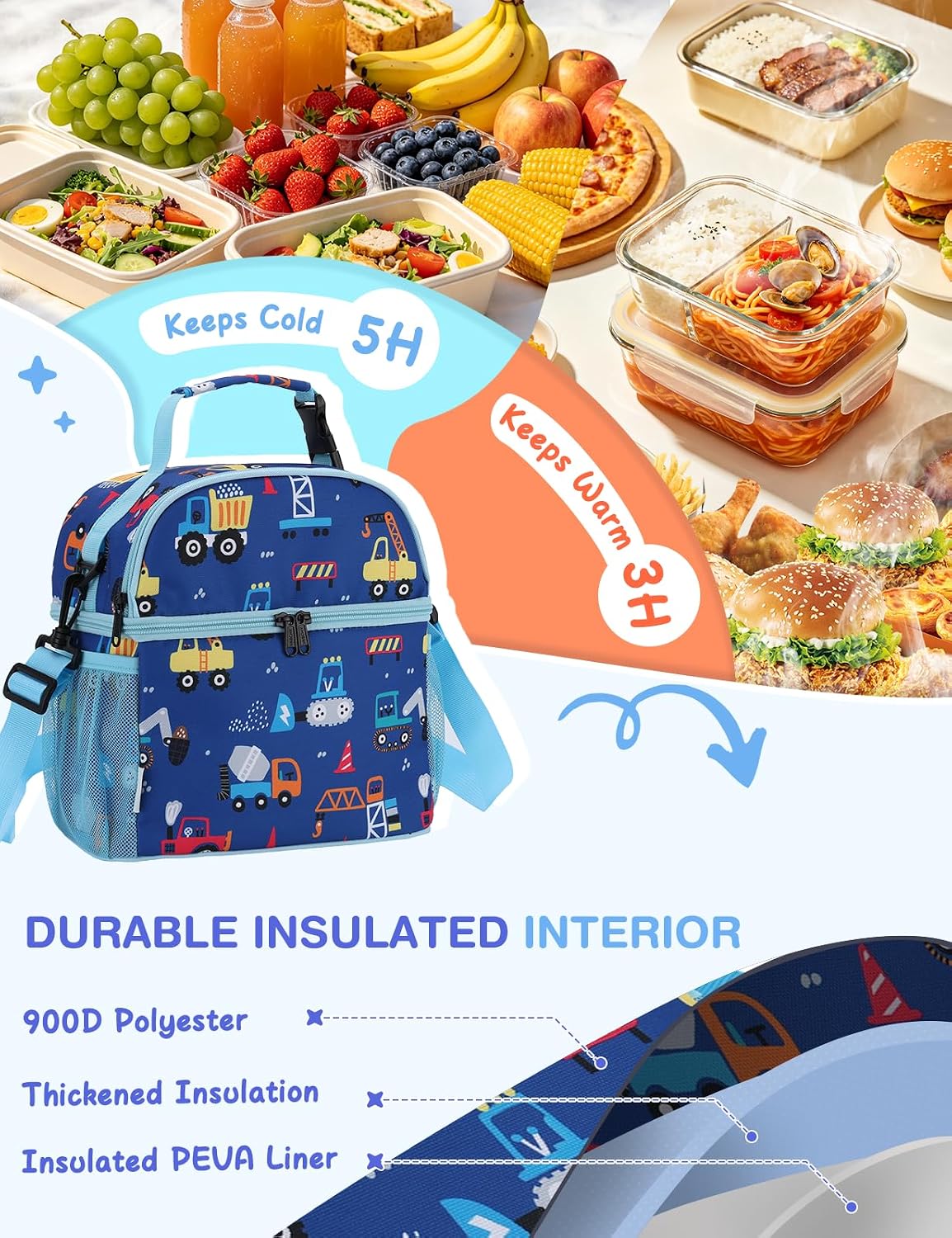 VASCHY Lunch Box Bag for Kids, Insulated Double Compartments Cooler Lunch Tote for Toddlers Boys Girls School/Daycare/Picnic Black Dinos