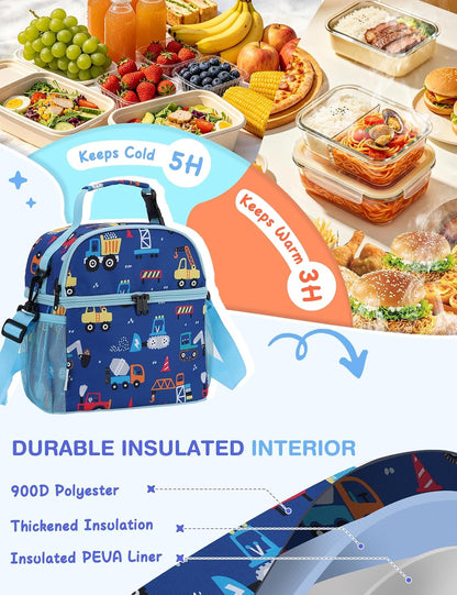 VASCHY Lunch Box Bag for Kids, Insulated Double Compartments Cooler Lunch Tote for Toddlers Boys Girls School/Daycare/Picnic Black Dinos