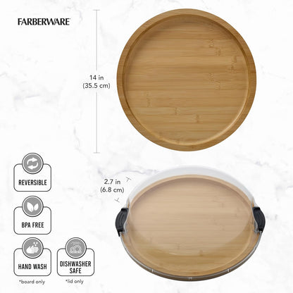 FARBERWARE Build-a-Board Cutting Board with Lazy Susan Turntable, Five Compartments, and Clear Locking Lid for Charcuterie, Snacks, and More, Acacia